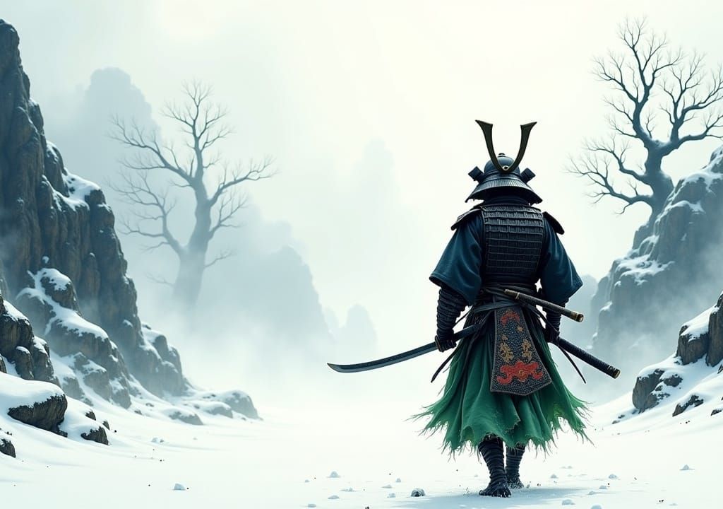 a samurai with his katana pointing into the fog wandering through snow, Fashionable black and Green masterwork, Distinctive scenery, the Fan...