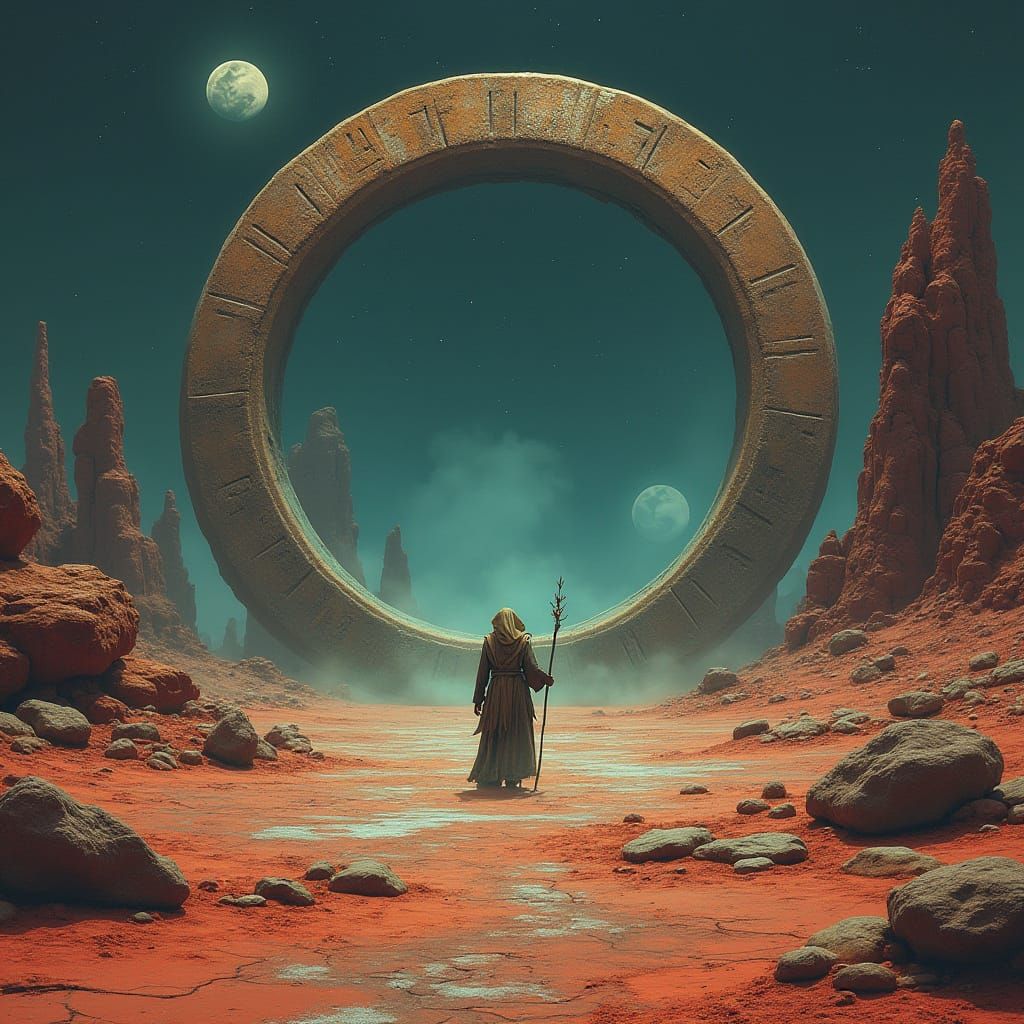 A lone wanderer stands before a colossal, ringed portal floating amidst a desolate alien landscape, their cloak billowing in the wind. The g...