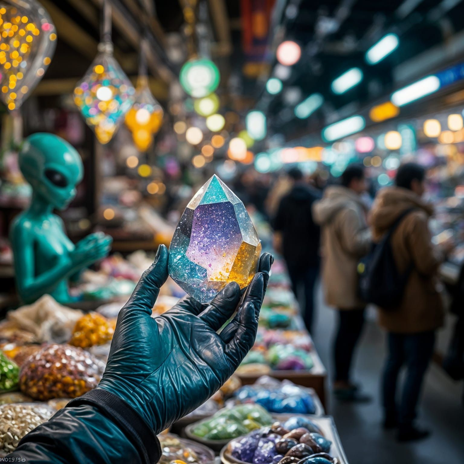 Alien market. Photograph. A close-up shot of an alien hand holding a peculiar, shimmering mineral at a zero-gravity market stall. The backgr...