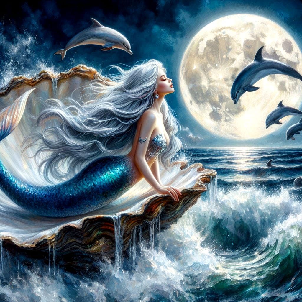 mermaid on an oyster shell under the moon with dancing dolphins