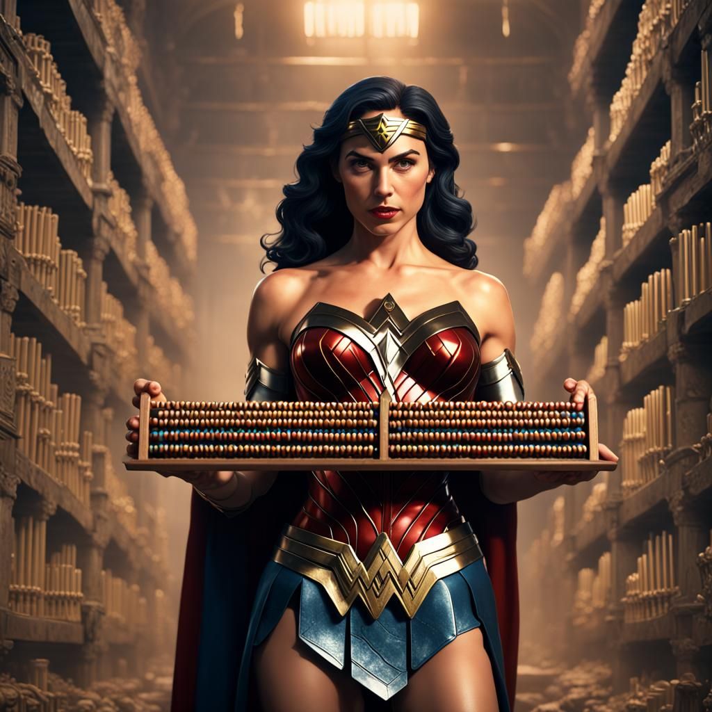 wonder woman holding an abacus