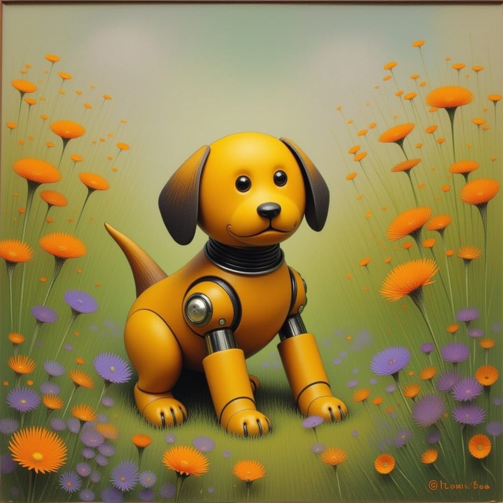 <lora:MIDNIGHT MEADOWS:1.0> Cute robot dog in a flower garden