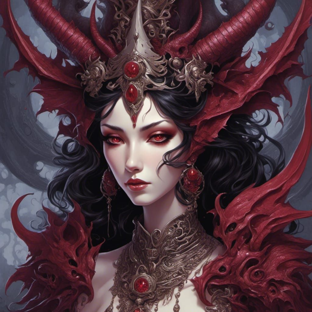 Closeup face of beautiful demonic woman (shirtless:1.1), (tiny flat:1.1), intricate details, pastels, spades, smoke, maroon, black, White, <...