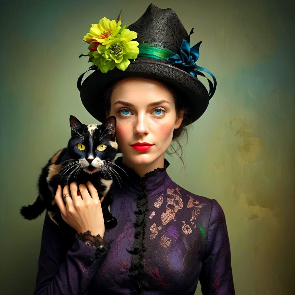 Charming Woman with Cat in Surreal Landscape