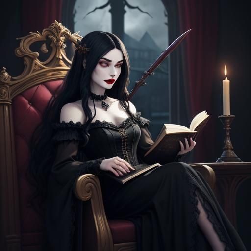 Regal sereine female vampire with long black hair, red lips,...