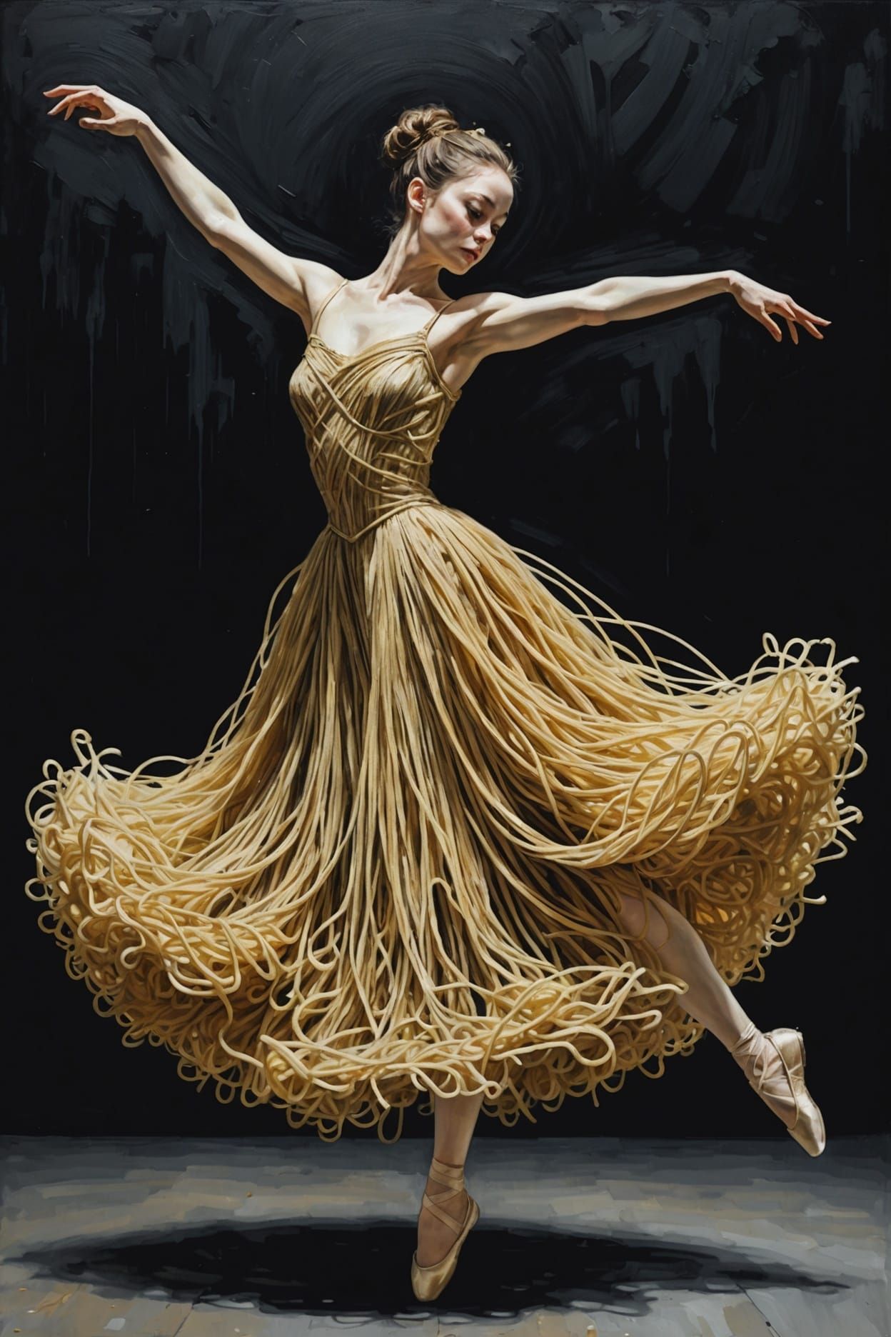 Ballerina Art, the dress of Spaghetti, dancing, pose, Surrealart a artistic, oil painting, heavy brushed, ...  by @Ani
