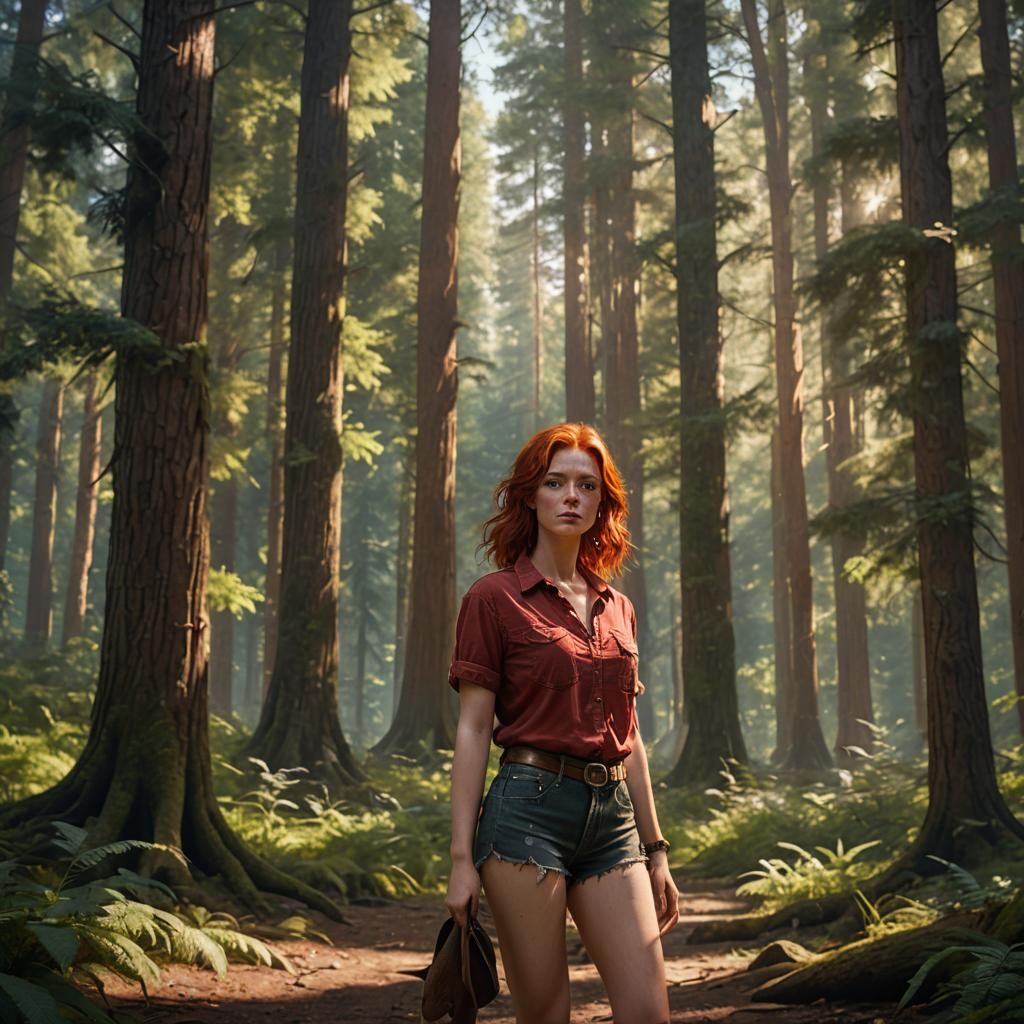 red-haired girl in tiny ragged daisy-duke shorts. She is wearing an unbuttoned red shirt open at the front that barely covers her. She is in...