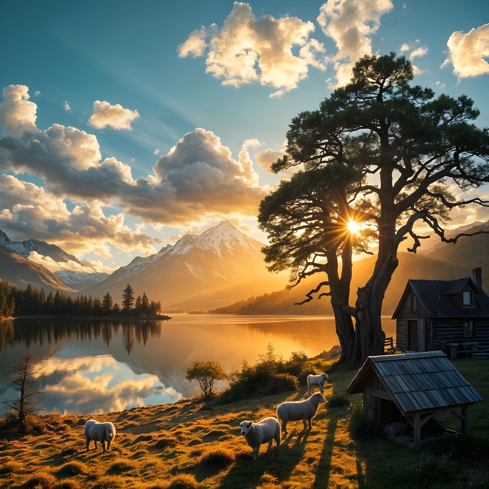 A breathtaking sunrise illuminates a enchanted forest landscape in New Zealand, where deep blue waters ...  by @PWC Digital Art