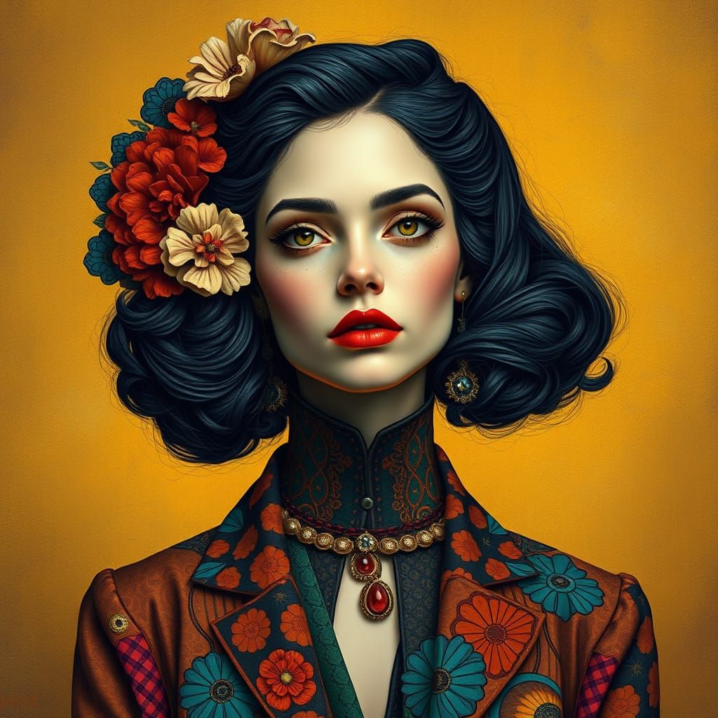 Woman in Whimsical Art Nouveau Portrait with Intricate Patte...