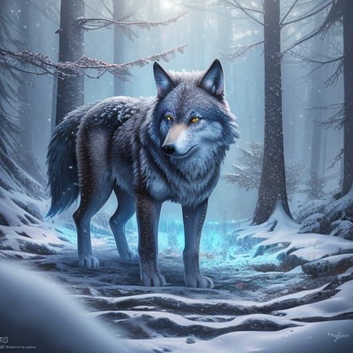 Wolf Made of Colorful Puzzle Pieces in Vibrant Snowy Forest