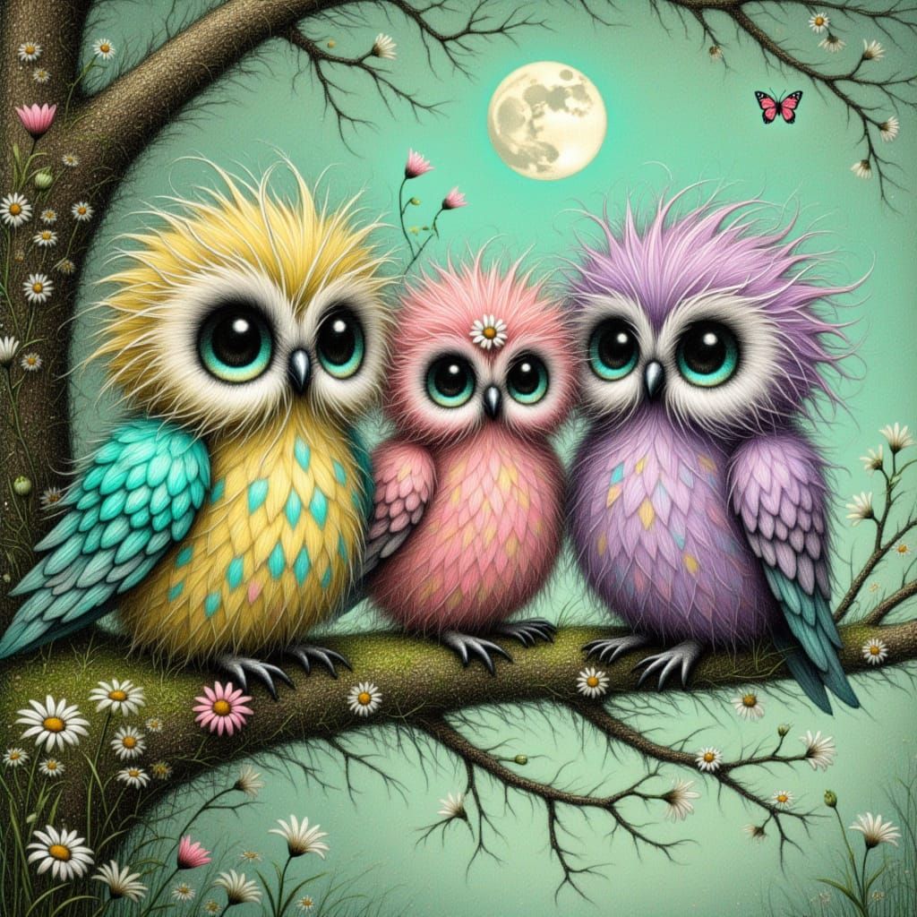 <lora:Pastel Patches:1.0> 3 cute colorful fluffy owls sitting on a branch.