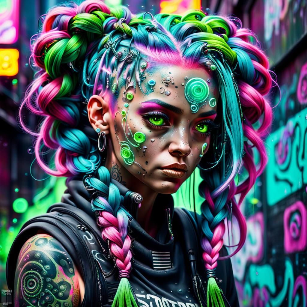 Galactic Cyberpunk girl neon green pink hair  many braids ta...