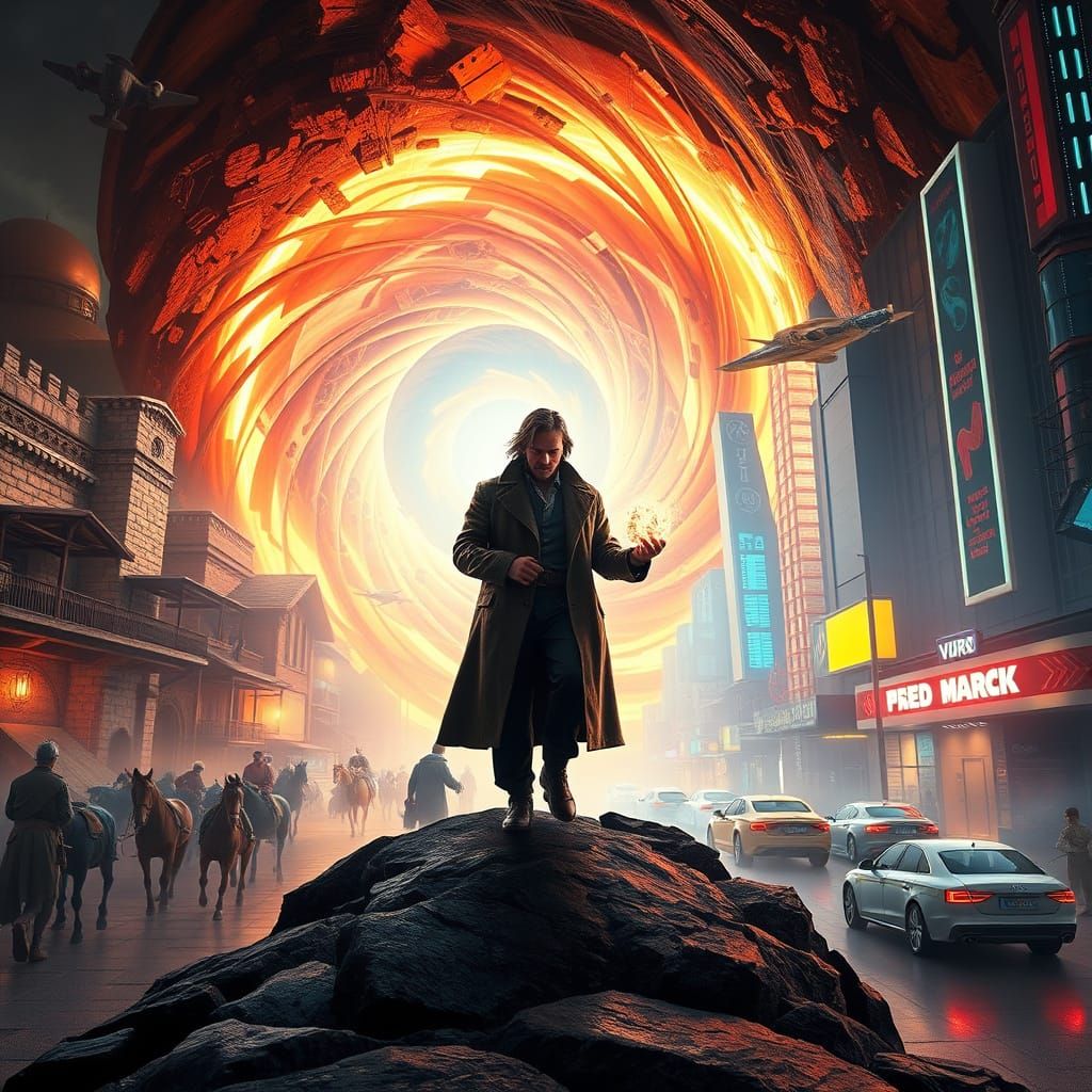 A dramatic, hyper-detailed scene of time travel — in the center, a swirling, glowing vortex of energy ...  by @JuriGrawer 