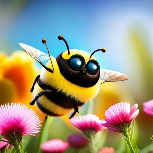 A chubby, cartoonish, Fluffy bumble bee flying through a field of bright spring flowers. He has big cartoonish ...  by @Apok