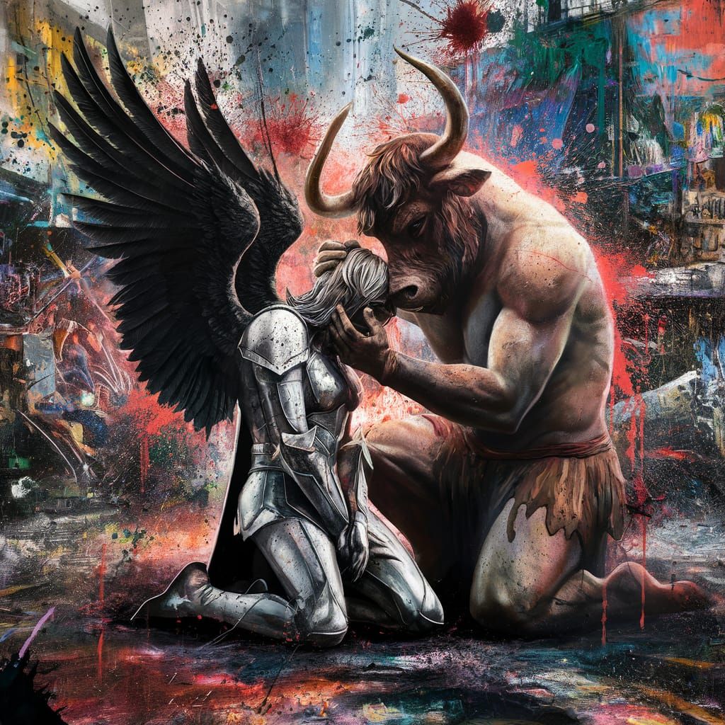 A wounded knight with black wings is consoled by a minotaur graffiti art, splash art, street art, spray ...  by @Ecksquire