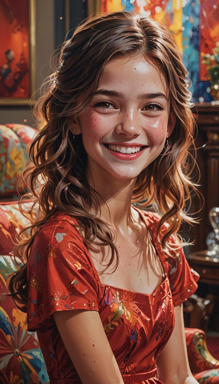 young girl, red dress, living room, smile,