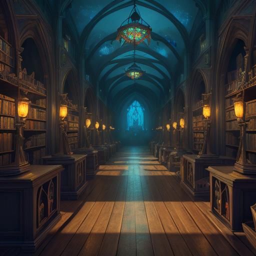 massive wizard parlor, magical lamps, bookcases