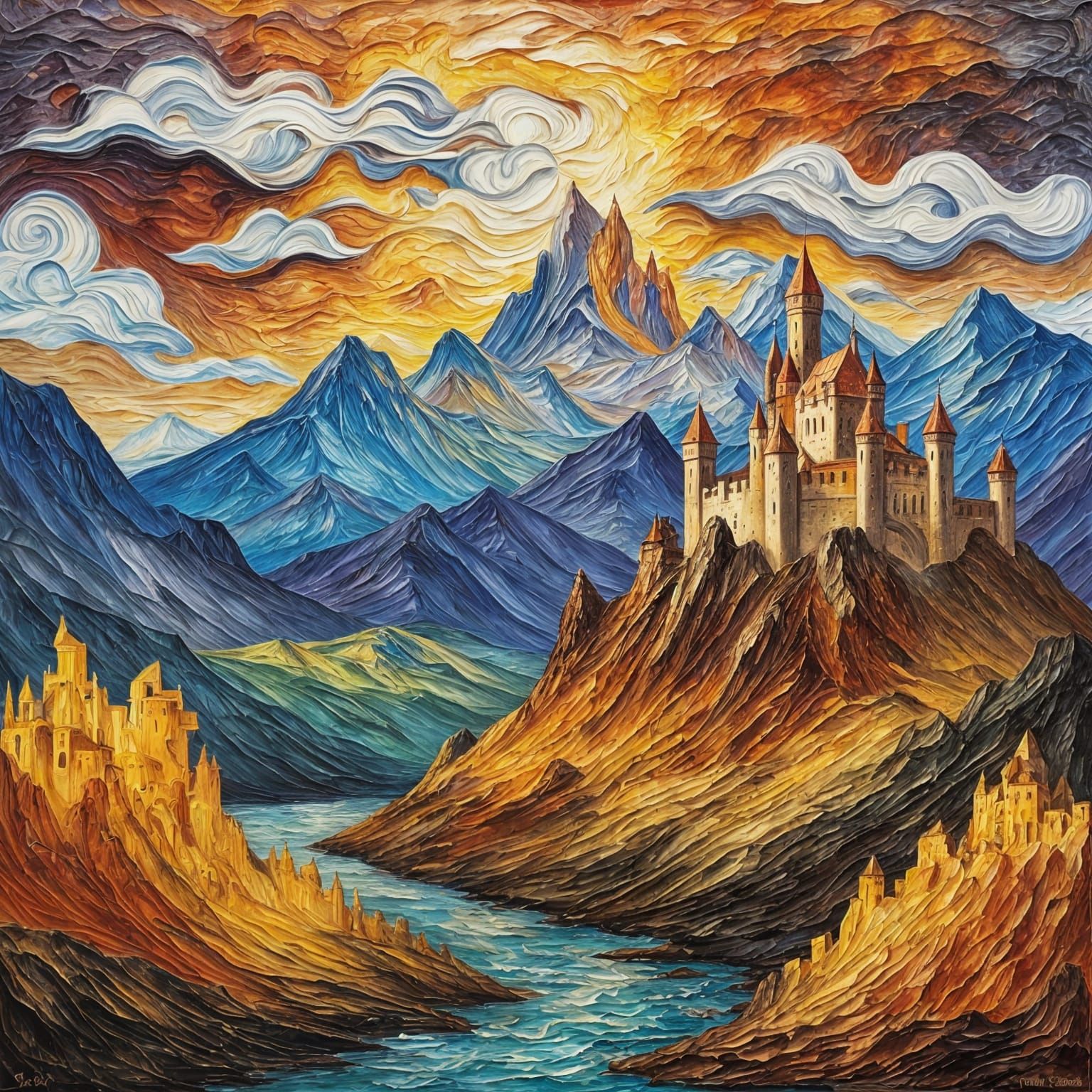 Sculpted Castle Sunset: Impasto Oil Painting