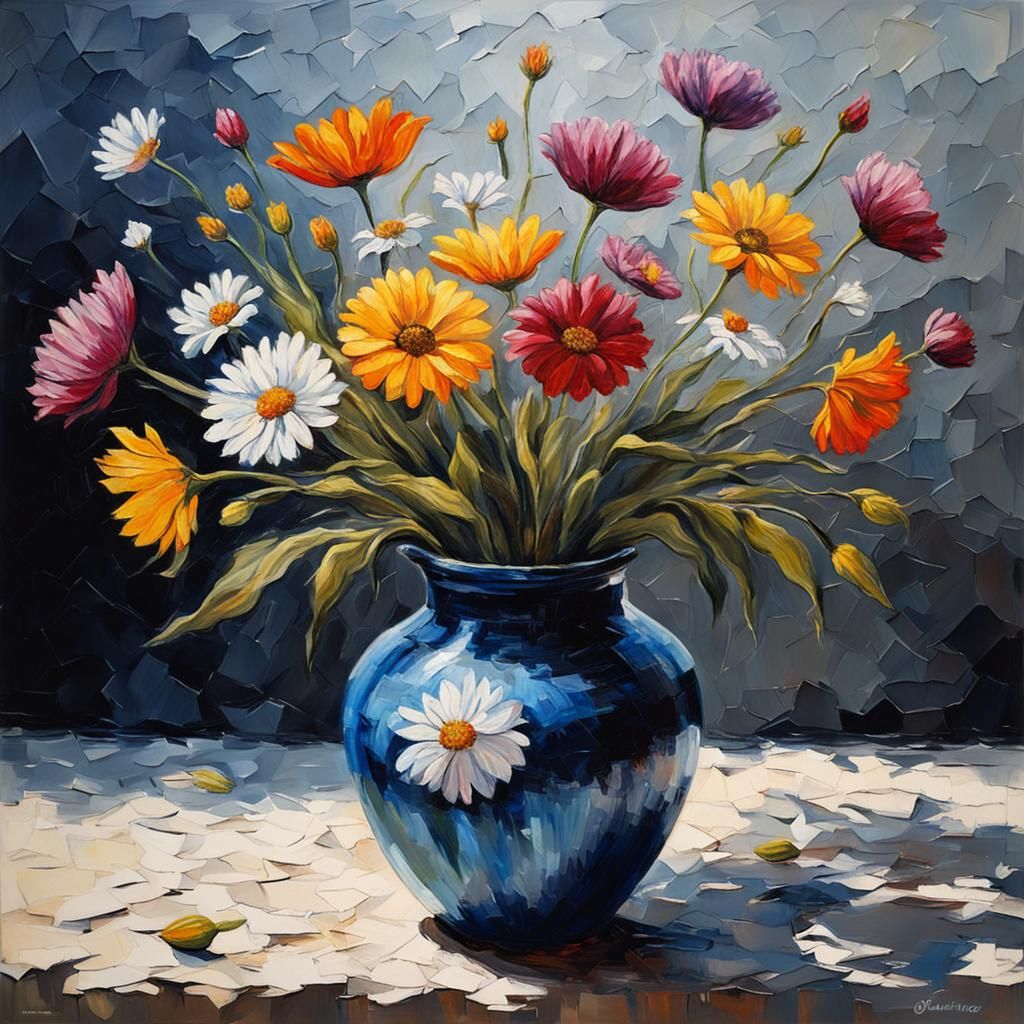Peinture à l'huile épaisse de fleurs dans un vase en terre, ...