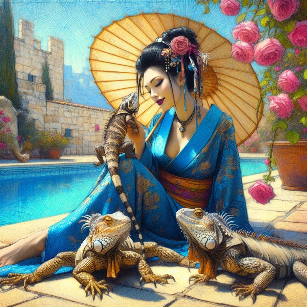 Geisha Poolside With Parasol