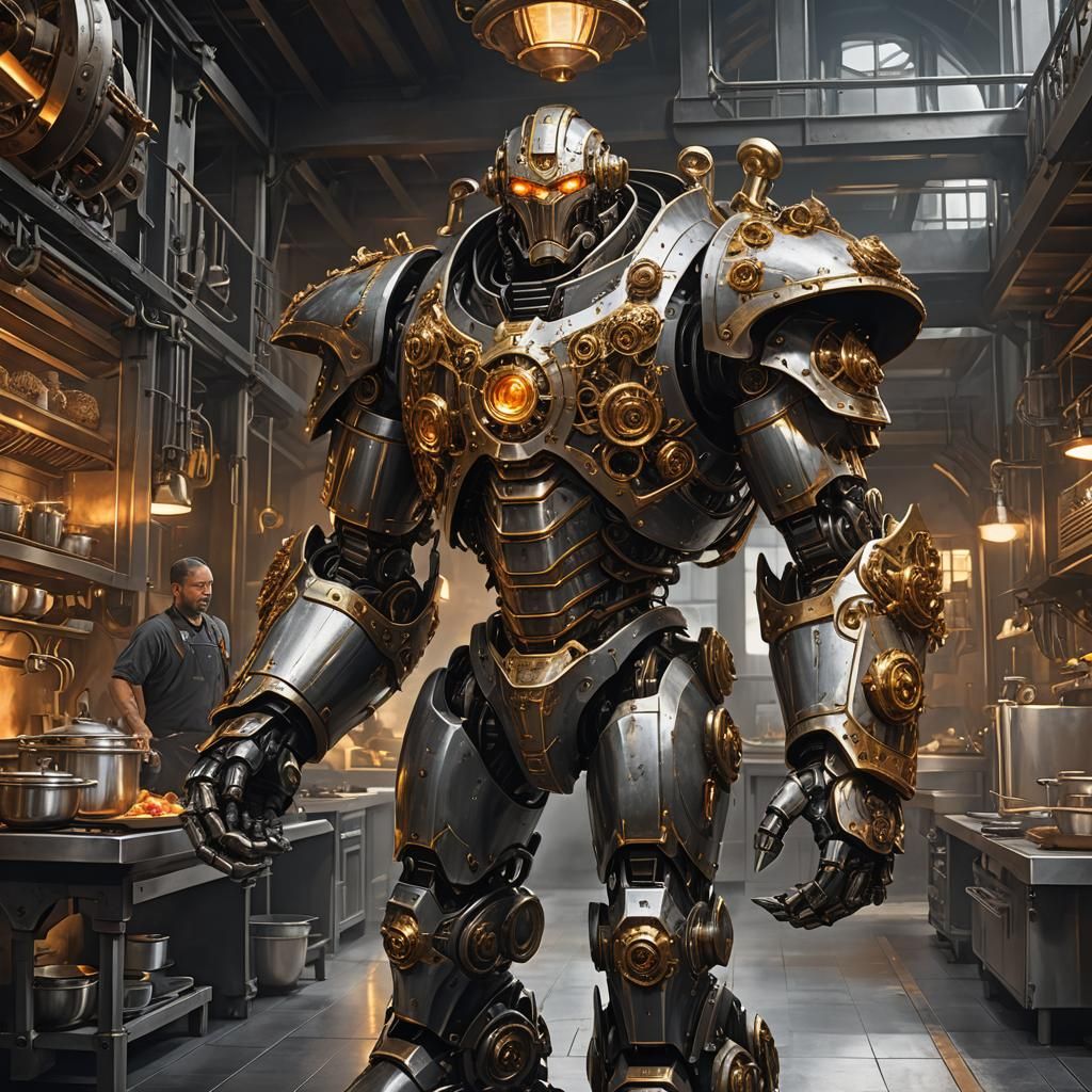 Warforged golem cook. Constructed with a robust, towering frame of gleaming steel and intricate brass gears, Culinarax stands out in any cro...