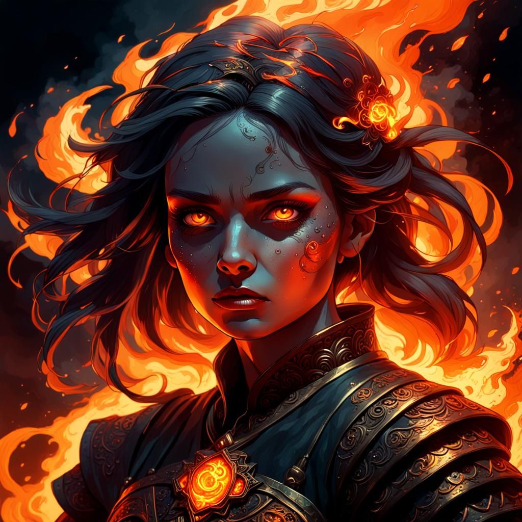 blazing, portrait, lady, intense, gaze, ember, glow, shadows, vibrant, orange, red, flickering, warmth, ...  by @Peterthegreat 