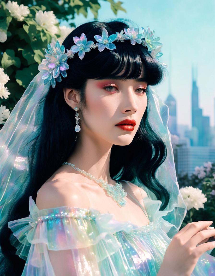 Vaporwave Woman in Iridescent Dress, Art Deco Style