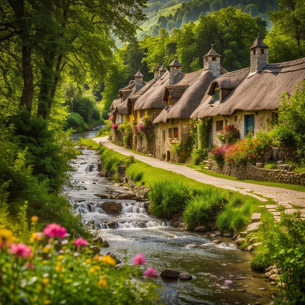 Countryside village nestled in rolling green hills. Rustic cottages with thatched roofs and colorful ...  by @Erica