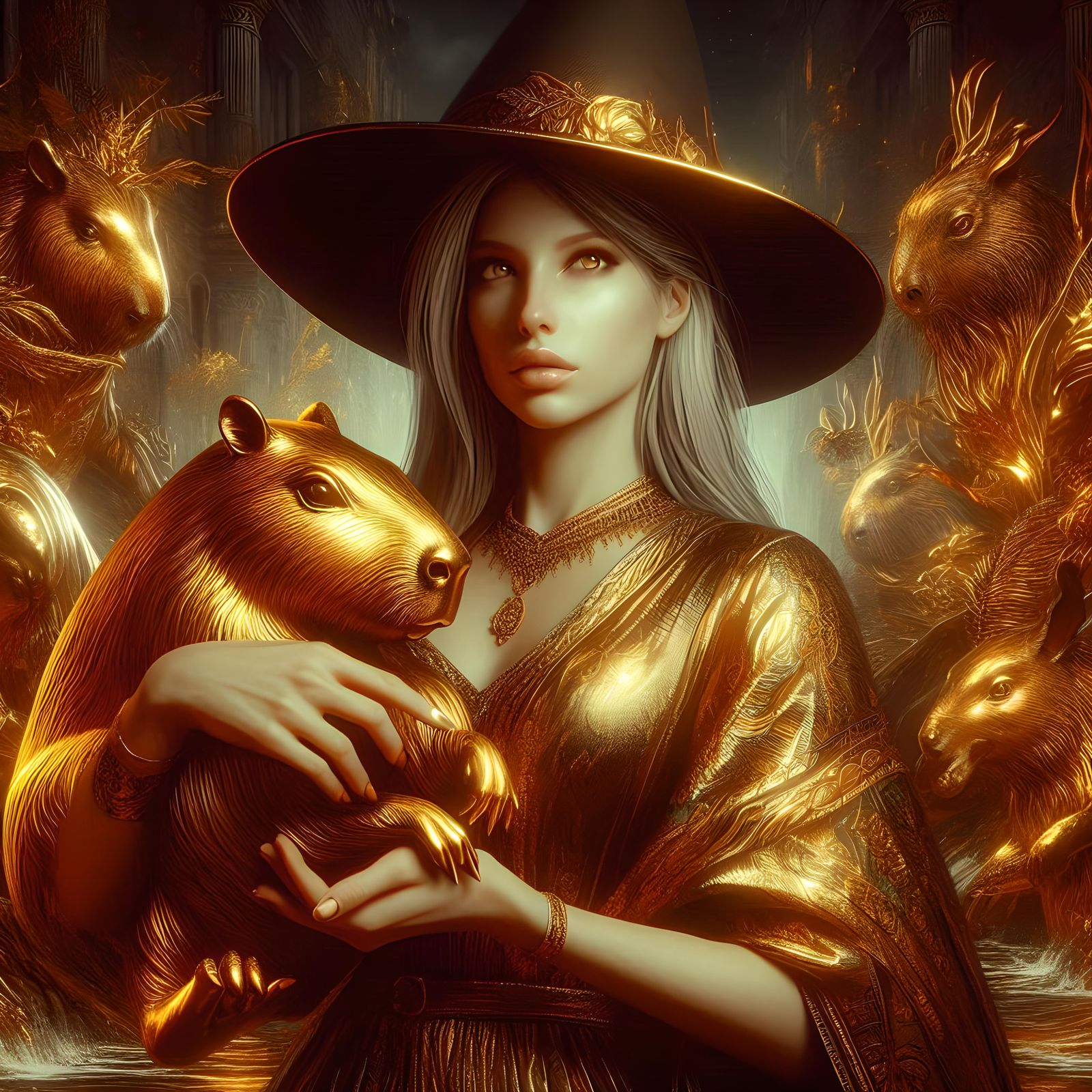 A woman witch found golden statue of capybara (Uploaded)