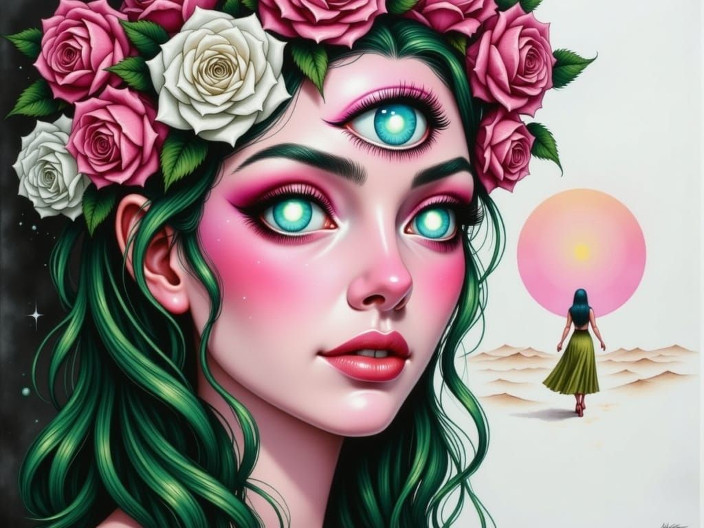 <lora:Water-ink-colorV2:1.0> <lora:MixedMedia:1.0> <lora:GlitchFoilFlux:1.0> <lora:Third Eye:1.0> A mixed media ink and watercolor painting ...