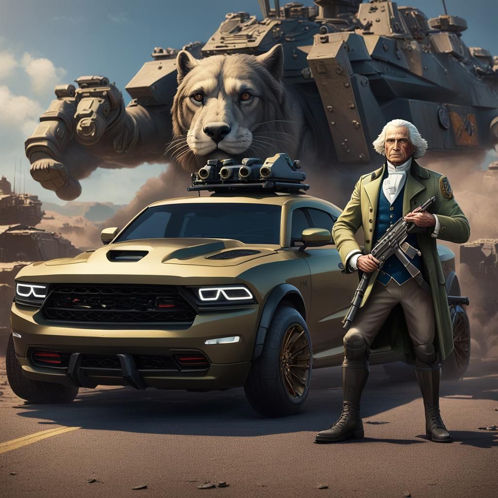 Make a tactical George Washington standing Infront of a armo...
