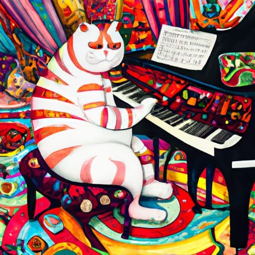 A fat cat playing piano in a jazz club. vibrant colors Candy...