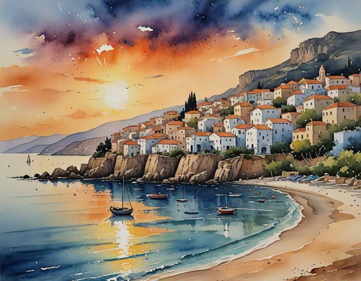 A Mediterranean beach sunset with a Greek village behind, wet watercolour  by @Alison