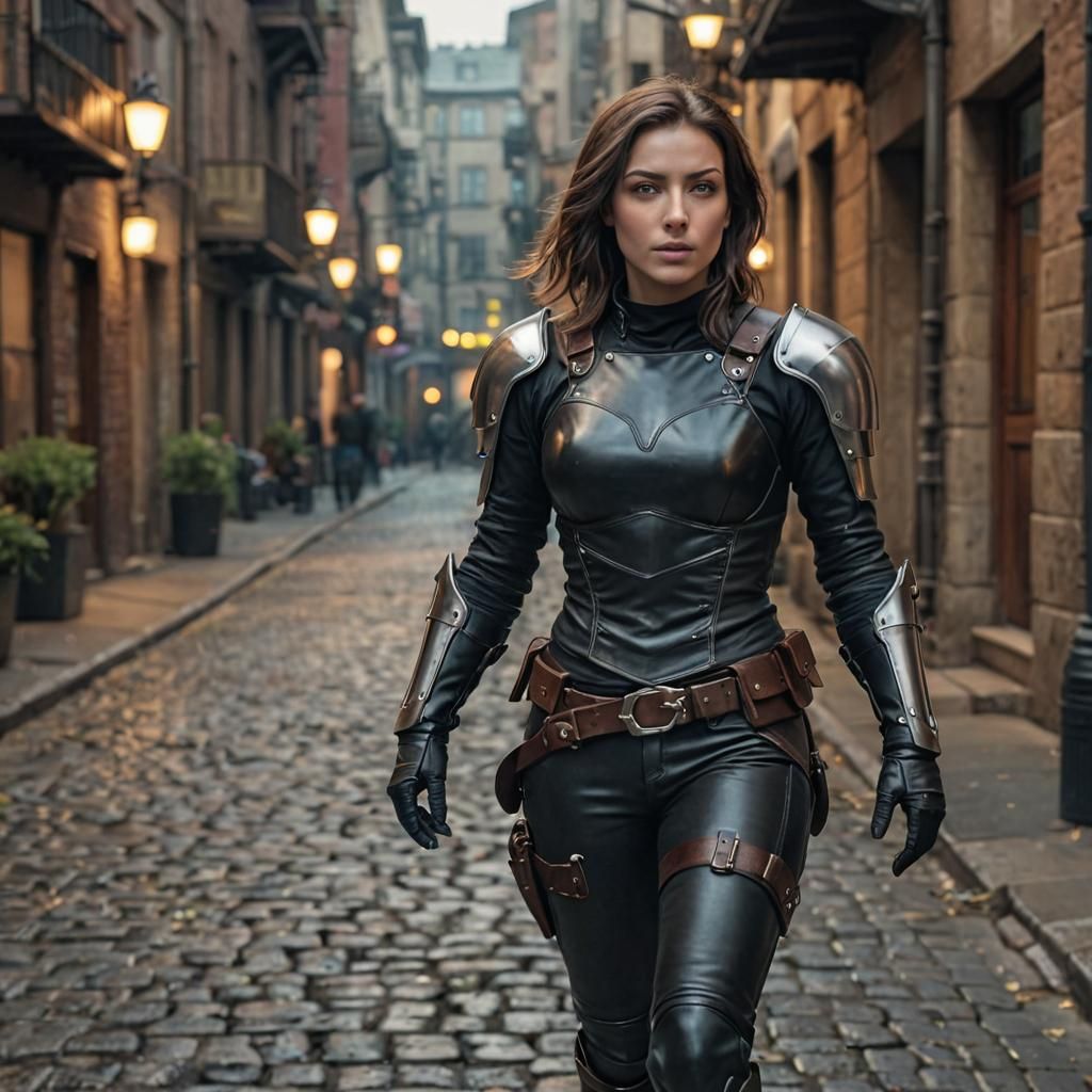 A beautiful female Rogue in leather armor stalks the city to...