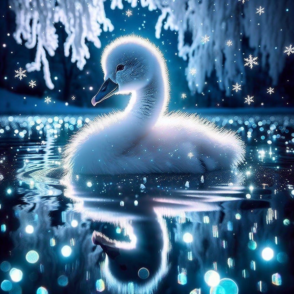 Charming Baby Swan on Bioluminescent Lake