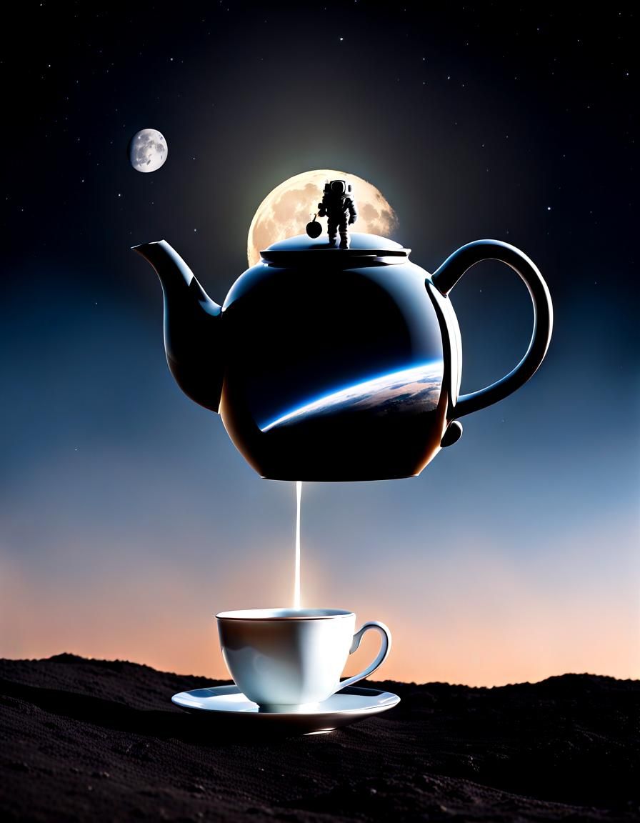 (tea pot rising over horizon 1.4) of a moon as astronaut wav...