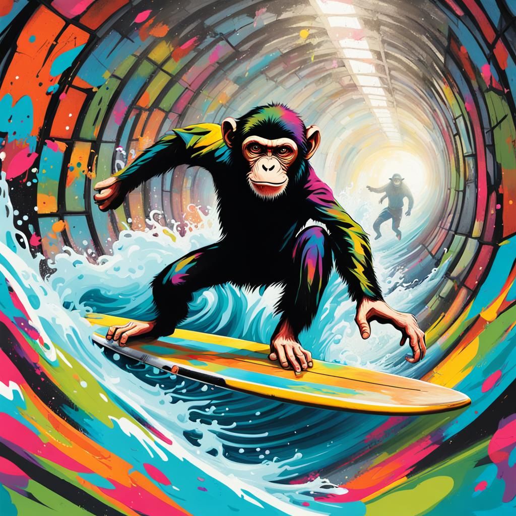 A monkey ninja wearing bermuda shorts, surfing in a wave tun...