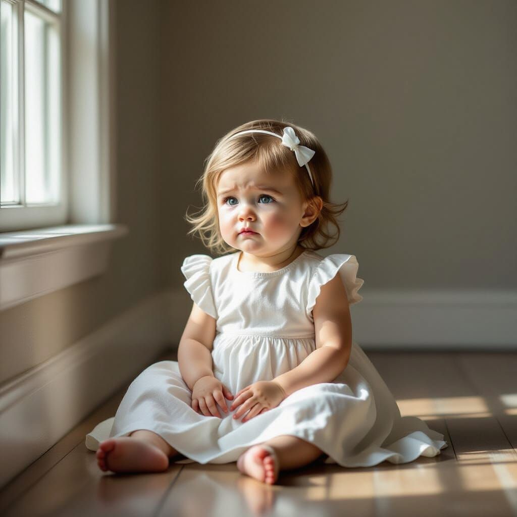 Crying Baby Girl in White Dress in Stark Room