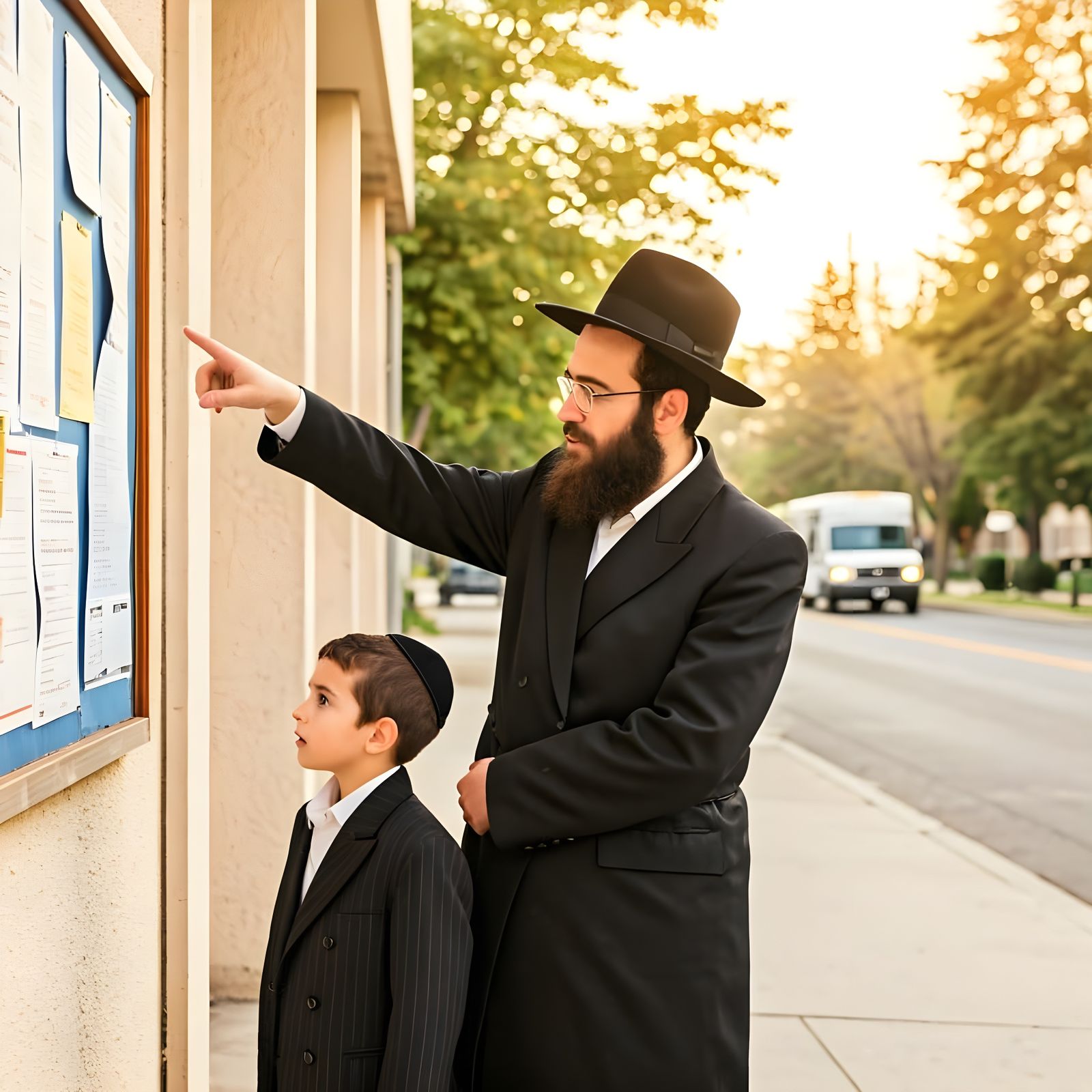 Orthodox Jewish Father Waits with Child for School Shuttle