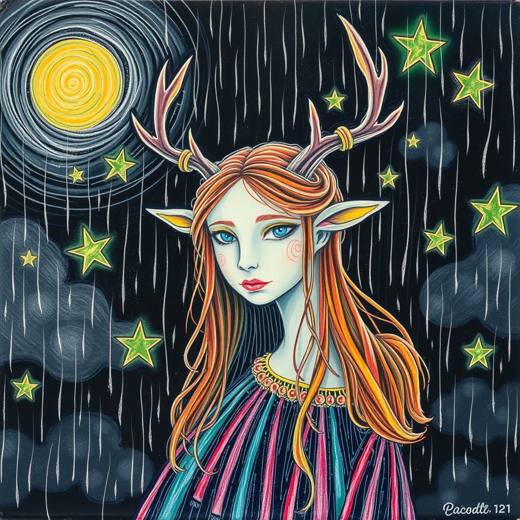 Doodle drawn world, naive child-like drawing , Crayon drawn style, cosmic 
fairy  goddess with antlers Dark emotions, It is rainy stars Wate...