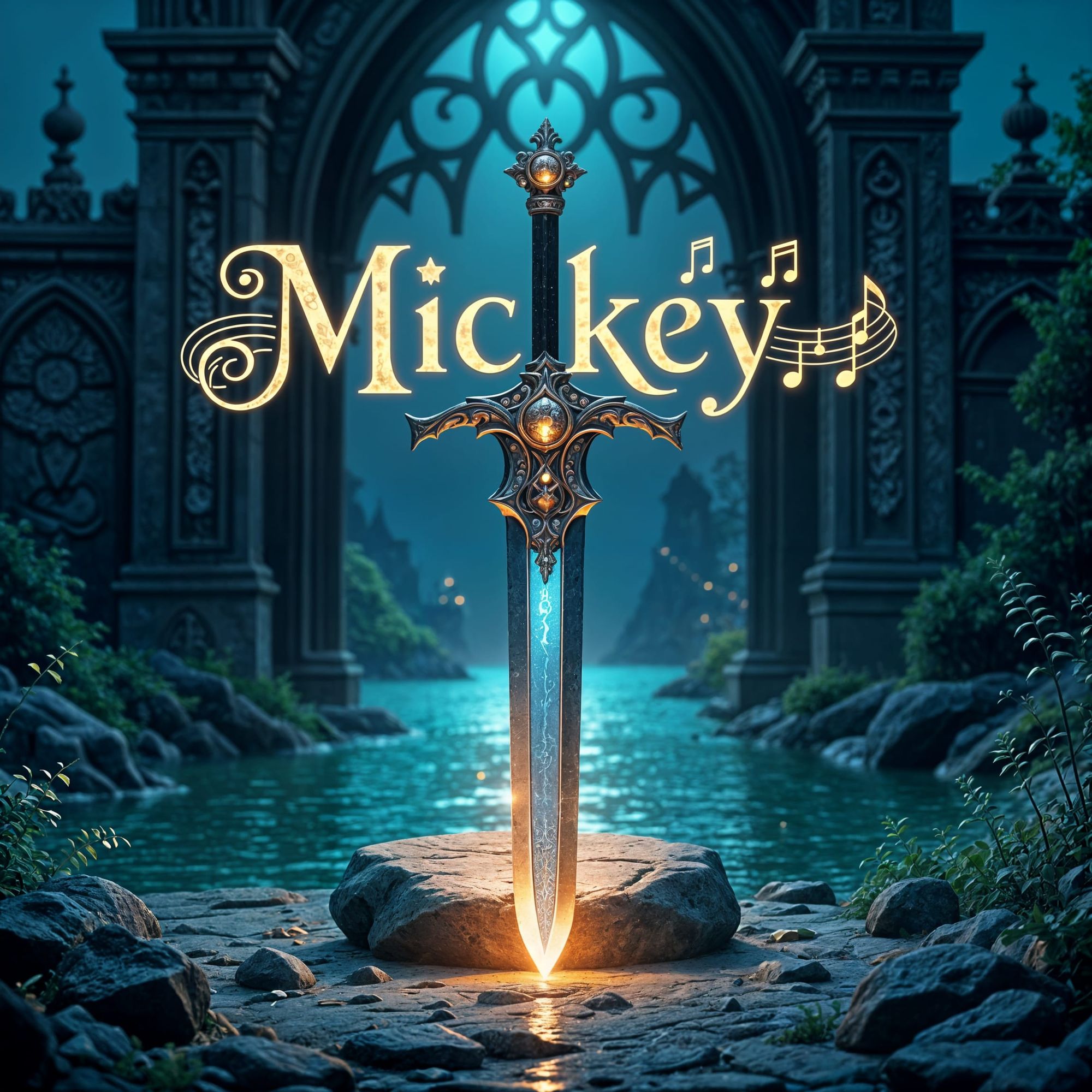 Sword with ornaments in the stone in front of gothic gate by the riverside and text MICKEY with musical notes placed above it. Mystical logo...