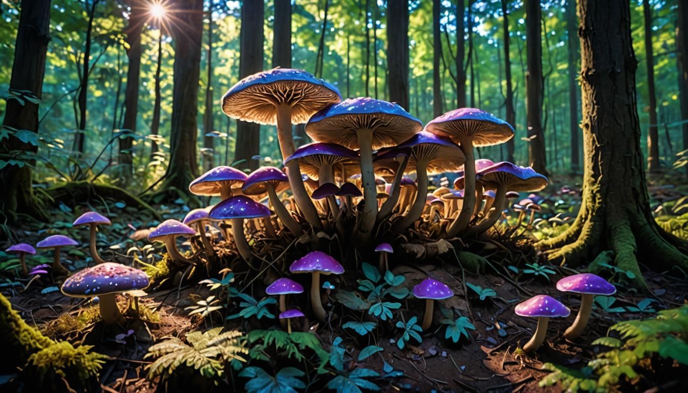 large glowing mushrooms in the forest  by @HawkStar