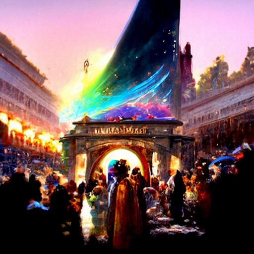 Grand entrance to a Roman market 8k resolution holographic astral cosmic illustration mixed media by Pablo Amaringo sini...