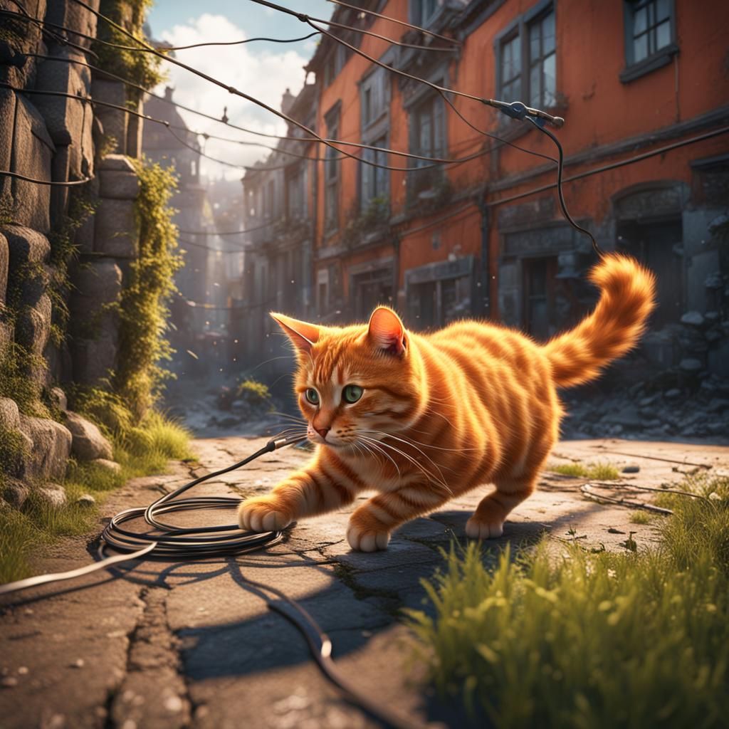 Funny ginger cat, eating electric wire