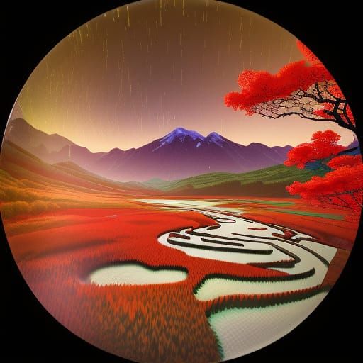 On disk plate painted the most beautiful close up red sunris...