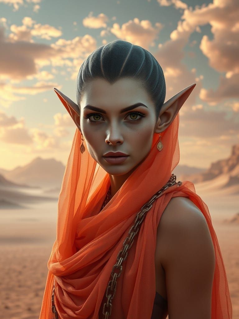 Ethereal Vulcan Woman in Dreamlike Desert Landscape