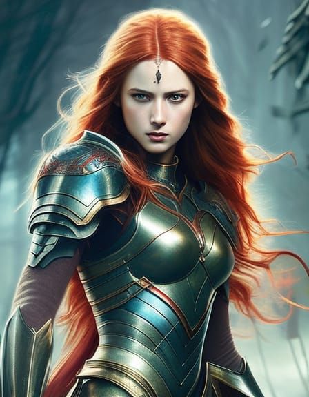 Warrior girl with wavy red hair 7