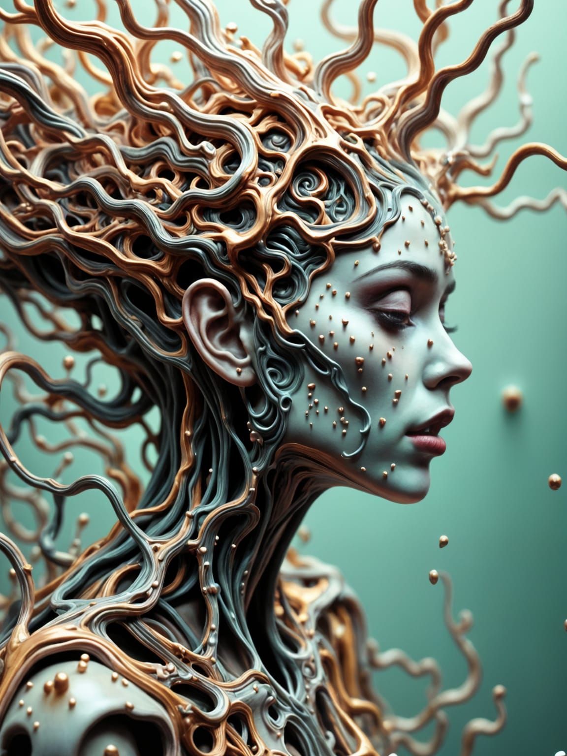 Baroque Style, dreamlike Hyperdetailed grunge art fantasy illustration featuring an cyberpunk female android, hair from wires, white oozing ...