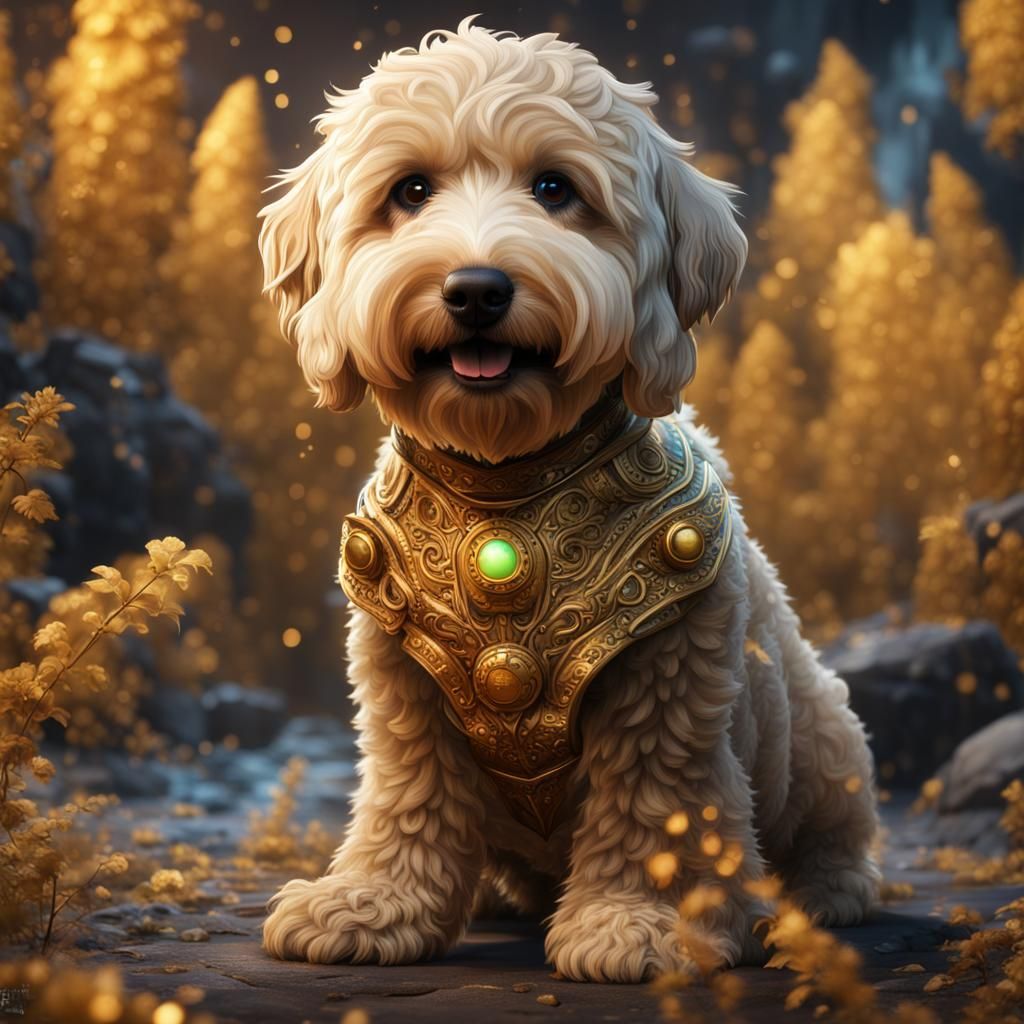 Cute golden doodle with white spot on it's chest