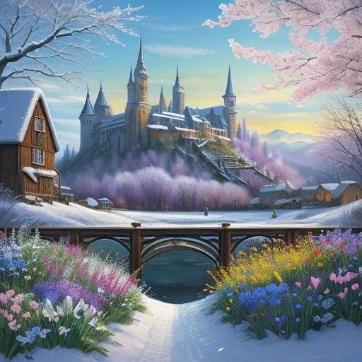 Detailed winter outdoor landscape transitioning to the same ...